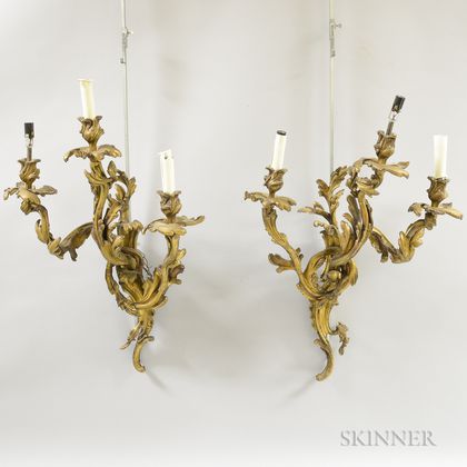 Pair of Rococo-style Bronze Three-light Sconces