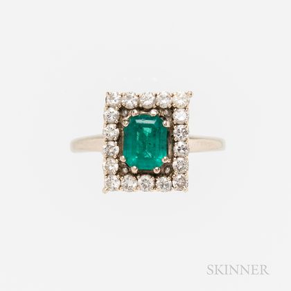 14kt White Gold, Emerald, and Diamond Ring