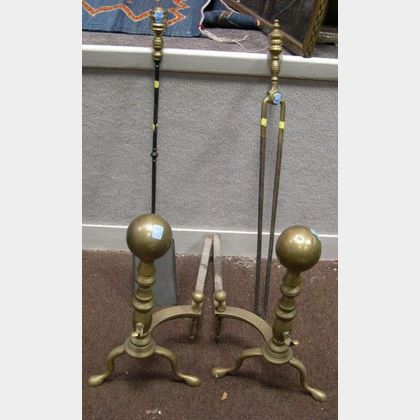 Pair of Brass Ball-top Andirons, Brass Fireplace Shovel and Tongs. 
