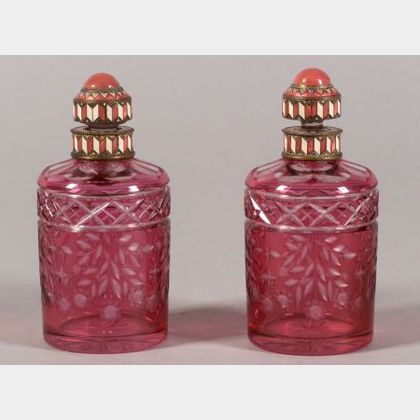 Pair of Continental Enamel Accented, Cranberry Flashed, Cut to Clear Glass Colognes