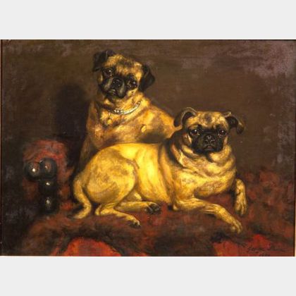George Paice (British, 1854-1925) Two Pugs on a Red Divan