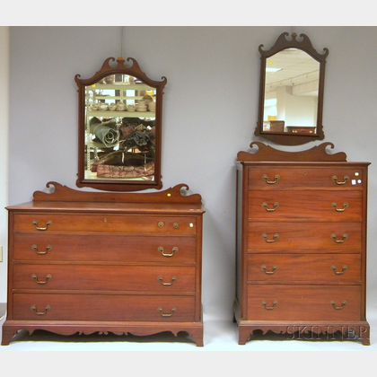 Colonial Revival Mahogany Five-drawer Tall Chest and Dresser Set with Mirrors