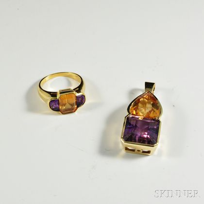 Gold, Citrine, and Amethyst Ring and Pendant