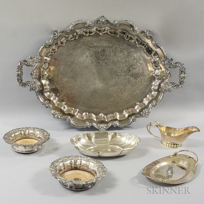 Sterling Silver Floriform Bowl and Group of Silver-plated Tableware