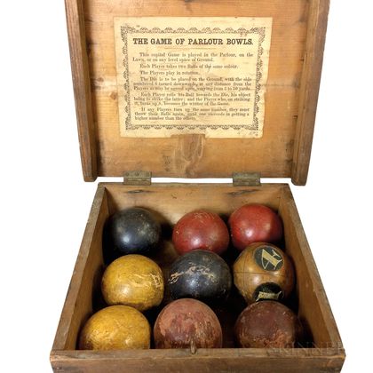 Boxed and Painted Game of "Parlour Bowls." Estimate $150-250