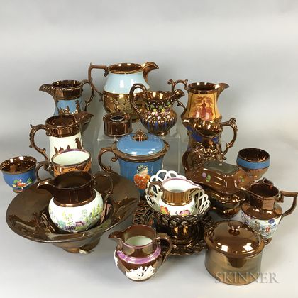 Twenty Copper Lustre Ceramic Vessels. Estimate $20-200