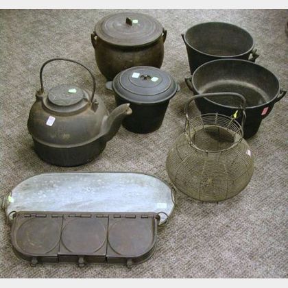 Eight Cast Iron, Wire, and Stone Hearth and Kitchen Items