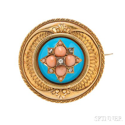 Victorian Gold, Coral, Diamond, and Enamel Brooch
