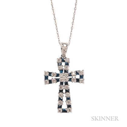 14kt White Gold, Sapphire, and Diamond Cross with Chain