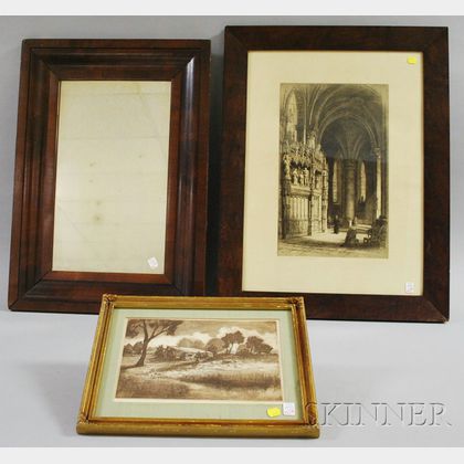 Two Framed Etchings and a Mahogany Veneer Ogee Mirror