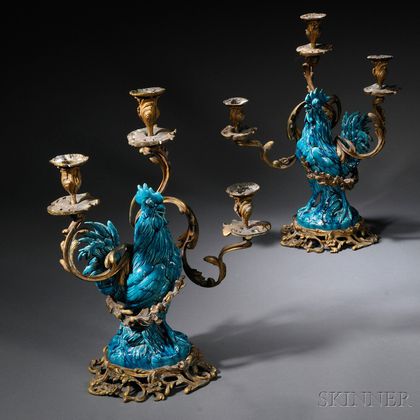 Pair of French Porcelain and Dore Bronze Three-light Candelabra