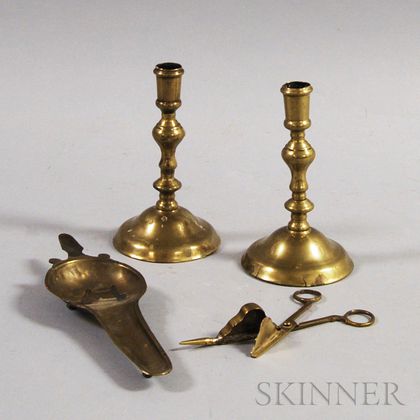 Pair of Brass Candlesticks and a Snuffer and Undertray