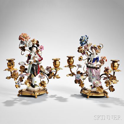 Pair of Meissen-style Gilt-bronze and Porcelain Candleholders