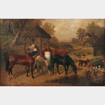 Attributed to John Frederick Herring Jr. (British, 1815-1907) Horses Watering at a Farmyard Pool
