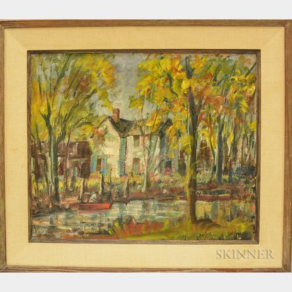Harold C. Wolcott (American, 1898-1977) Fall Landscape with Pond and Houses