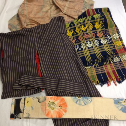 Group of Textiles including Kimono and Obi Sash
