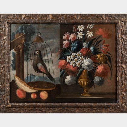Dutch School, 17th Century Style Two Still Life Paintings with Flowers, Fruits, and Birds