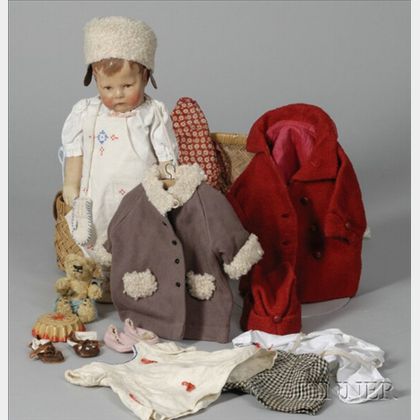 Kathe Kruse Doll I "Kurti" with Wardrobe and Original Basket