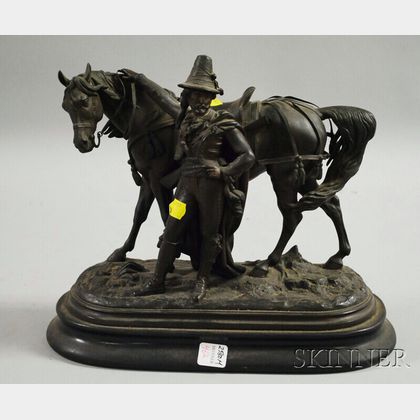 Patinated Metal Sculpture of European Hunter with Horse