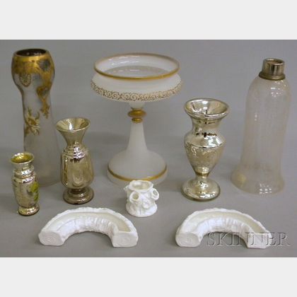 Eight Decorative Art Glass and Porcelain Table Items