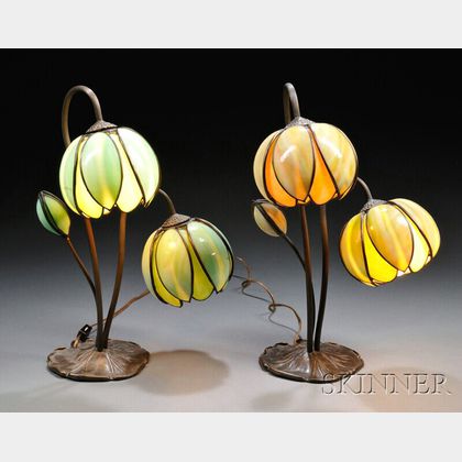 Two Handel-style Pond Lily Lamps