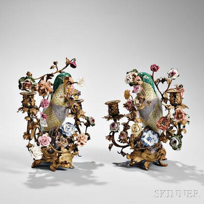 Pair of Gilt-bronze and Chinese Export Porcelain Parrot Candleholders