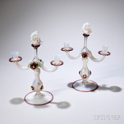 Near Pair of Murano Glass Candlesticks with Dolphin Finials