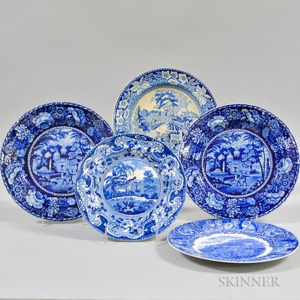 Five Blue and White Transfer-decorated Ceramic Plates