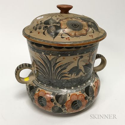 Floral-decorated Handled and Covered Pottery Vessel