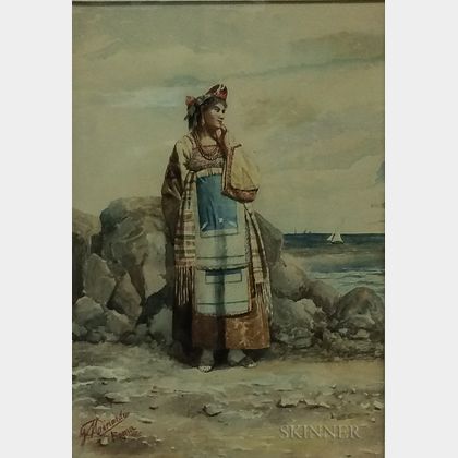 Italian School, 19th/20th Century Costumed Woman on a Beach