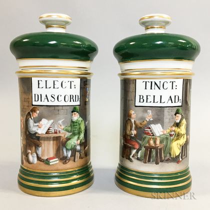 Pair of Continental Hand-painted Porcelain Apothecary Jars