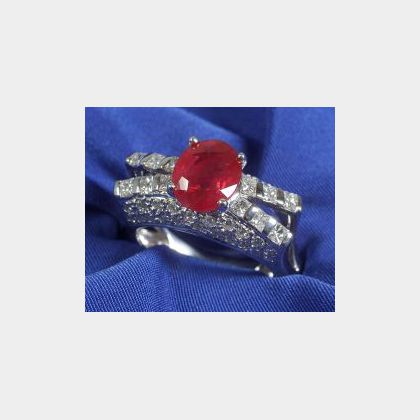 18kt White Gold, Diamond and Red-stone Ring. 