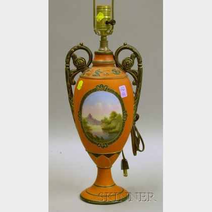 Victorian Etruscan Revival Hand-painted Landscape Decorated Porcelain Vase Table Lamp. 