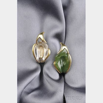 18kt Gold, Nephrite, and Rock Crystal Earclips, Elsa Peretti, Tiffany & Co.