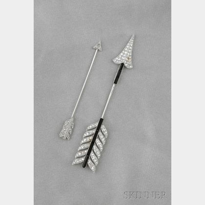 Two Art Deco Platinum and Diamond Arrow Jabot Brooches, Cartier