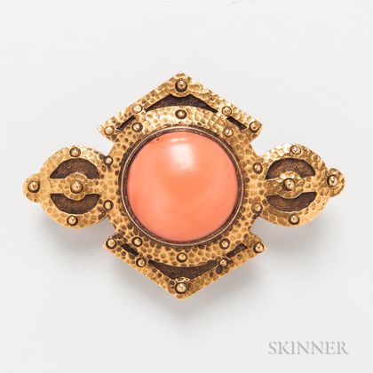 Voss and Rich Arts and Crafts 14kt Gold and Coral Brooch