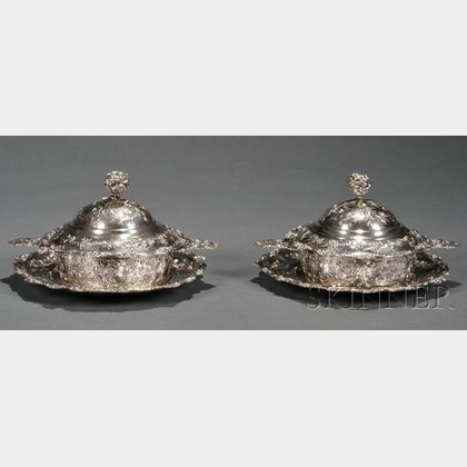 Pair of German .800 Silver Covered Soup Bowls and Underplates