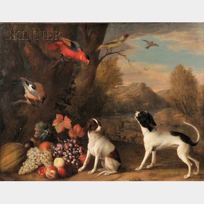 Dutch School, 17th Century Style Landscape with Exotic Birds and Two Terriers