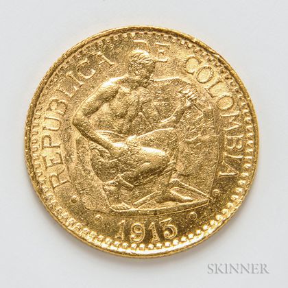 1913 Columbian 5 Pesos Gold Coin, KM195.1