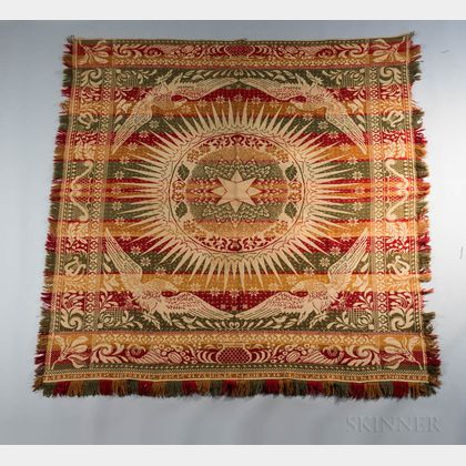 Red, Green, Orange, and White Woven Wool Coverlet