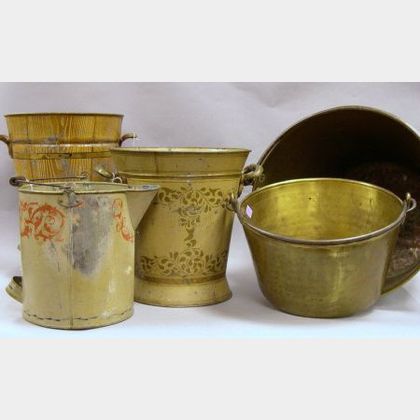 Three Paint Decorated Tin Buckets and Two Brass and Wrought Iron Kettles. 