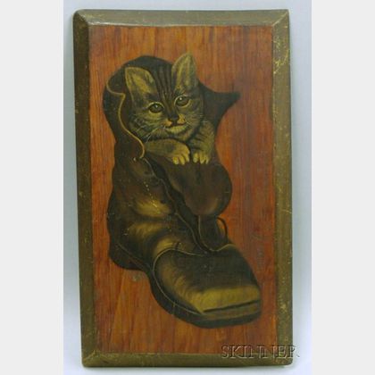 Folk Portrait of a Cat in a Boot Painted on Board