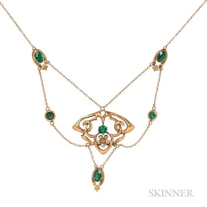 Art Nouveau 9kt Gold and Green Glass Necklace