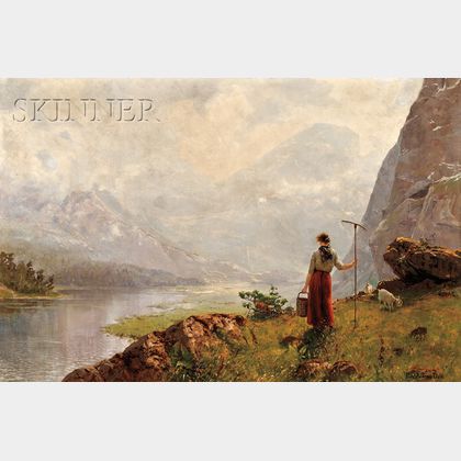 Hans Andreas Dahl (Norwegian, 1881-1919) View with a Young Shepherdess on a Fjord