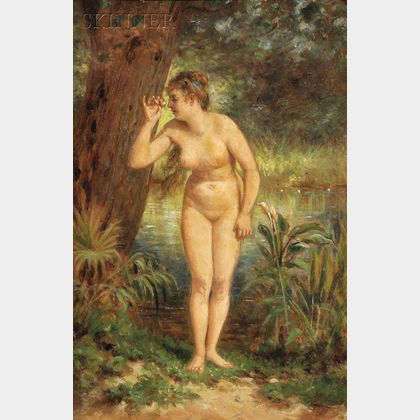Attributed to Edward Lamson Henry (American, 1841-1919) Standing Female Nude at a Forest Pool