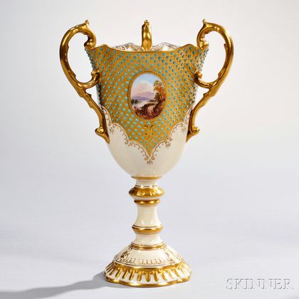 Jeweled Coalport Porcelain Three-handled Loving Cup