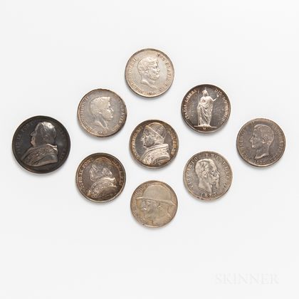 Eight Papal, Italian, and Italian States Crown-sized Coins and a Pius IX Silver Papal Medal
