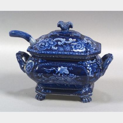 Blue Transfer Decorated Staffordshire Pottery Covered Sauce Tureen and Ladle