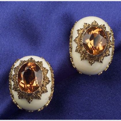 18kt Gold, Ivory, and Citrine Earclips, Buccellati