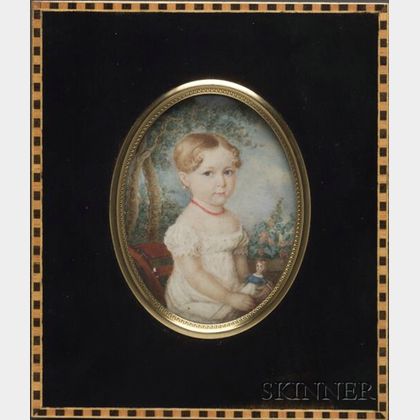 Portrait Miniature of a Girl in White Dress With Her Doll